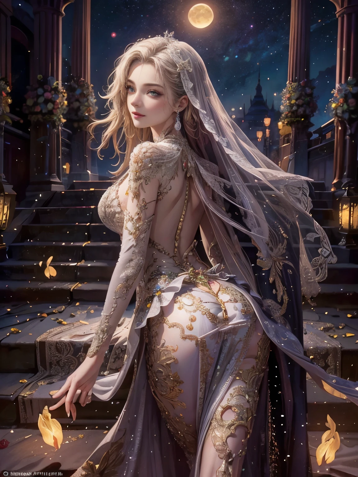 8k resolution, masterpiece, Highest quality, Award-winning works, unrealistic, Final Fantasy, Royal Jewel,Photorealistic paintings by Midjourney and Greg Rutkowski, , elegant, Very detailed, Delicate depiction of hair, Miniature Painting, Digital Painting, Art Station, Concept Art, Smooth, Sharp focus, shape, nature, 千night一night物語, A strip of light pouring down from the sky, A pillar of light stretching into the sky, Complex colors, Buddhist Mandala, Colorful magic circle, flash, Large spiral staircase, Mysterious Background, aura, A gentle gaze, break, Small faint lights and flying fireflies, night, lanthanum, royal palace, Starry Sky, milky way, nebula, shooting star, Flowers, bird, Wind and Moon, Rear view, erotic, Only sexy women, healthy shaped body, Anatomically accurate skeleton, 22 years old, bride, (Climbing the stairs, Rear view, Looking back towards the camera:1.6), Height: 170cm, Large, firm, swaying bust,, Silvery long wavy hair, Detailed facial depiction, break, Mysterious blue eyes, Standard nose, eyeliner, Pink Lips, Sexy long legs, Clear, glowing skin, bride, Sexy long silk wedding dress with gothic ruffles, Extra long cape, A dress with a complex structure, Pure white dress,, royal coat of arms, ,, dynamic sexy pose, A kind smile,