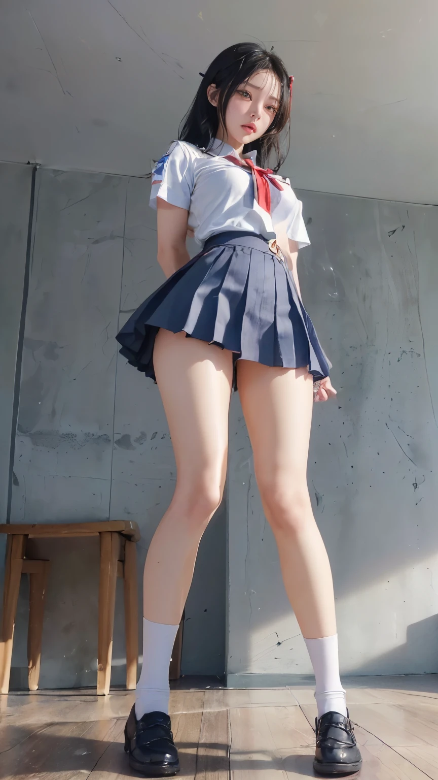 ((masterpiece)),(((最high quality))),(((((Full body shot of a girl taken from the floor:1.7))))),((Photograph the whole body from knee height:1.6)),((((((Stand up straight with your legs together:1.9)))))),(((Thin thighs))),(((Long legs))),(((Girl standing in a school classroom:1.8))),(((There are rows of desks in the classroom:1.5))),(((Micro Mini Skirt Uniform:1.6))),((tall:1.8)),((Japanese high school students wearing summer uniforms:1.8)),((The student wears a red ribbon on his uniform.:1.6)),((Wearing a short-sleeved white school shirt)),((((Her erect nipples are clearly visible under her clothes.)))),(Blue checked micro mini skirt:1.2),(((Age is 15 years old:1.3))),bangs,A small smile,((cute***)),Slender girl,((Black Loafers:1.2)),((short white socks up to the ankles,:1.2)),cute,The thigh area below the groin is slim and firm,cute,Black hair ponytail,Thin legs,スリムなModel body type,Very small waist,Small hips,Long thighs,Thin thighs,Thin hands,Long hands,((((Photograph the whole body from below:1.5)))),(((((k-popのIVEのWONYOUNGにそっくりの***:1.9))))),((Keep your whole body facing straight ahead:1.8)),((tall:1.4)),(Stand with your legs straight and without bending your knees:1.7),((Stand up straight:1.7)),((turn your hips forward:1.7)),The ankles are super thin,beauty,Fine skin,Firm Skin,引き締まったThin legsの肌を細部までリアルに再現,Very detailed, Attention to detail,high quality,Awards,High resolution,(Anatomically correct:1.3),(8k,RAW Photos,最high quality,masterpiece:1.5),(((***をPhotograph the whole body from below:1.5))),Height 173cm,((脚を揃えてStand up straight:1.7)),((脚を揃えてStand up straight:1.7)),(((Keep your back straight:1.8))),((look forward to:1.2)),8頭身beauty,Model body type,((Inseam is half the height:1.3)),(Thin thighs),((k-popのIVEのWONYOUNGにそっくりの***:1.5)),RAW Photos,Firm Skin,Fine skin,Well-toned muscular legs,Attention to detail,Vivid,Skin Texture,Genuineな皮膚感,Perfect composition,beautiful,Very detailed,High chroma,Genuine,eyeliner,eye shadow,High nose,Small nostrils,Small Mouth,Seductive lips