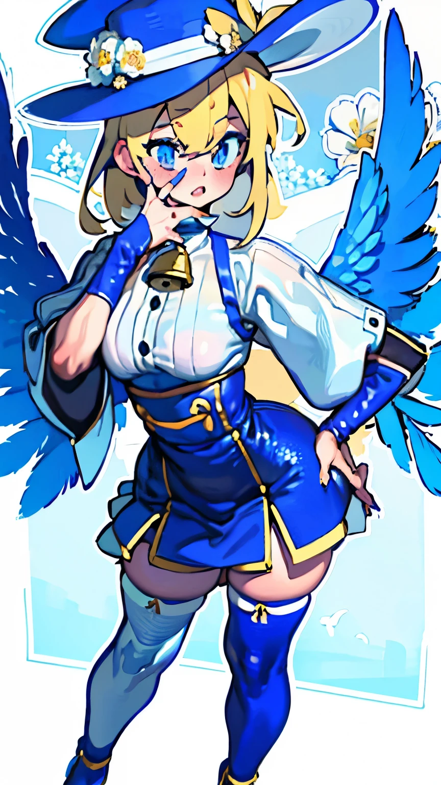 Uekura, 1 girl, hair blonde, White background, ha, don, blue shoes, wings, simple background, signature, flowers, glaze, wide sleeves, long sleeves, blush, animal, white flowers, standing alone, whole body, bird, looking ahead at viewer, high-heels, hand on own cheek, hand on own face, volantes, 弓, bangss, cinta, bell, blue hat, +_+, Stockings, shorth hair, grey-eyed, shoe, blue nails, feathered wings, blue 弓