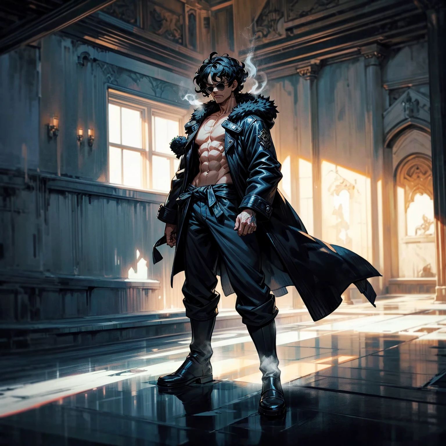 Solo character, full body version, old man, black eyes, black hair, Curly hairstyle, sunglasses, casual clothing, topless, white boots, detailed shadow, (one piece style art), indoor room cathedral, ice room, ice floor, Nitrogen smoke, glow ice effect, standing gesture, hand ice, glow effect, muscle, angry, angry mouth