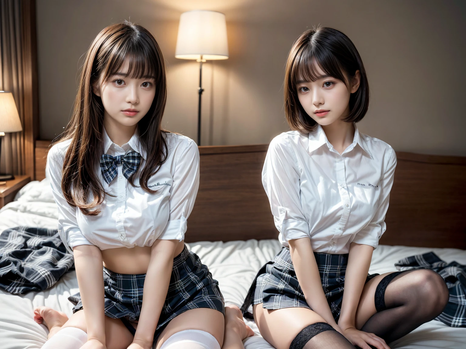 masterpiece, best quality, illustration, Super detailed, fine details, High resolution, 8K,wall paper, perfect dynamic composition,(Details High quality, realistic depiction of eyes:1.3), (3 girls), (white school shirt :1.2), (plaid skirt :1.3), tie black, black thigh-high stockings, sitting, open legs, short bob hair, in a hotel room in the background, deep on field, large breasts, black hair color, Big Natural Color Lip, (perfect body shape), crying a little、Harajuku style、20 year old girl、cute type、beautiful legs, Gravure Idol