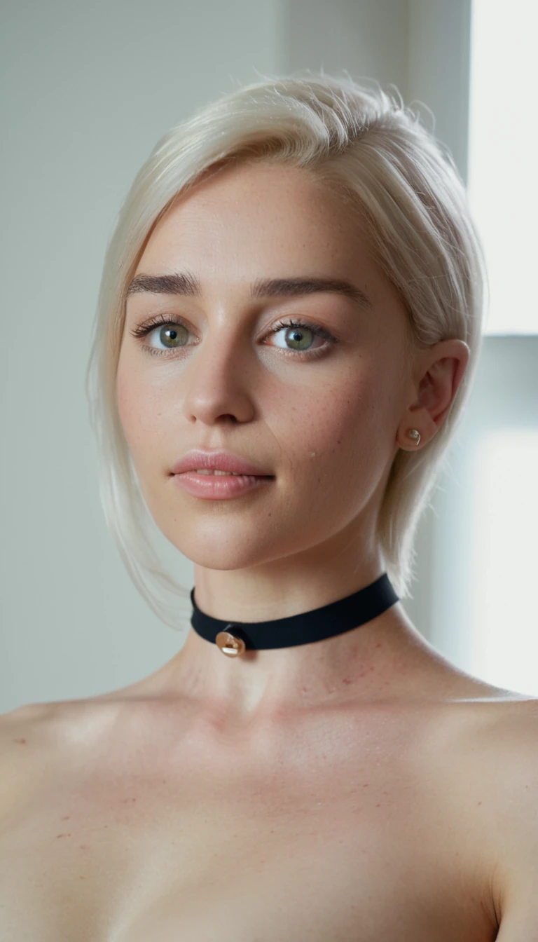 (Skin texture, pores, blemishes), Super high res upper body photo of a pretty woman wearing a small choker,f /2.8, Canon, 85mm,cinematic, high quality, skin texture, looking at the camera, skin imperfections, nude tits, naked, big tits, nipples  