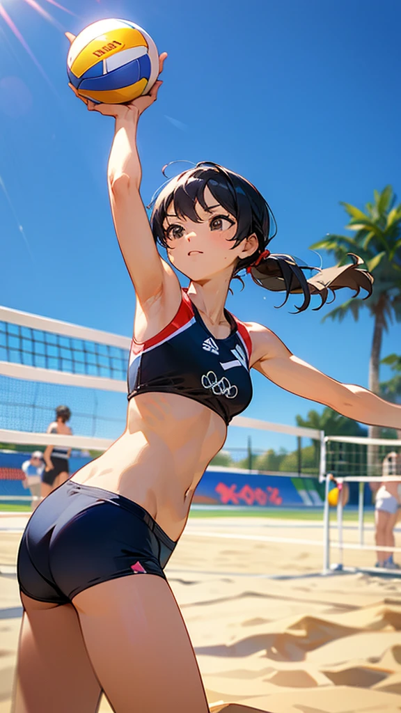 Playing beach volleyball at the Olympics。