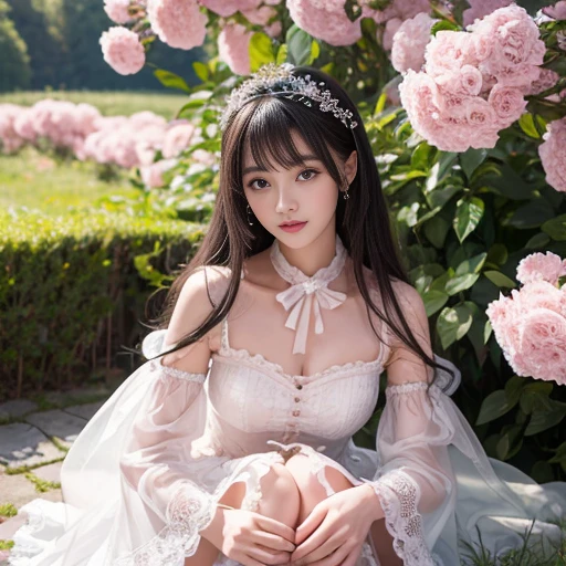 best quality, masterpiece, lifelike, 1 girl, solitary, eternal, Black Hair, Long curly hair, Bangs, Laugh out loud, Layered lace trim skirt, Puff sleeves, Wide sleeves, Transparent sleeves, 在flower园里, flower, Detailed background, Delicate face,pink blush,White,Knee socks, Pink shoes,cold,Lots of lace,((masterpiece))、(top quality)、8k、High Detail、Super detailed、 21 years old female,masterpiece、born、Scenes resembling fairy tale illustrations、Intricate details showcase the ruffles and intricate designs of the Lolita dress、beautiful、magic、realism、Visual effect、FXAA、SSAO、Shader、voiceless、Ambient Lighting、Tone Mapping、high resolution、Ultra HD、Million pixels、(8K resolution:1.10)、8K resolution、High Detail、Intricate details、 (high quality:1.2、masterpiece:1.2、:1.21)、(21 years old female)(Surrounded by a dreamy atmosphere ),Hair accessories are not allowed