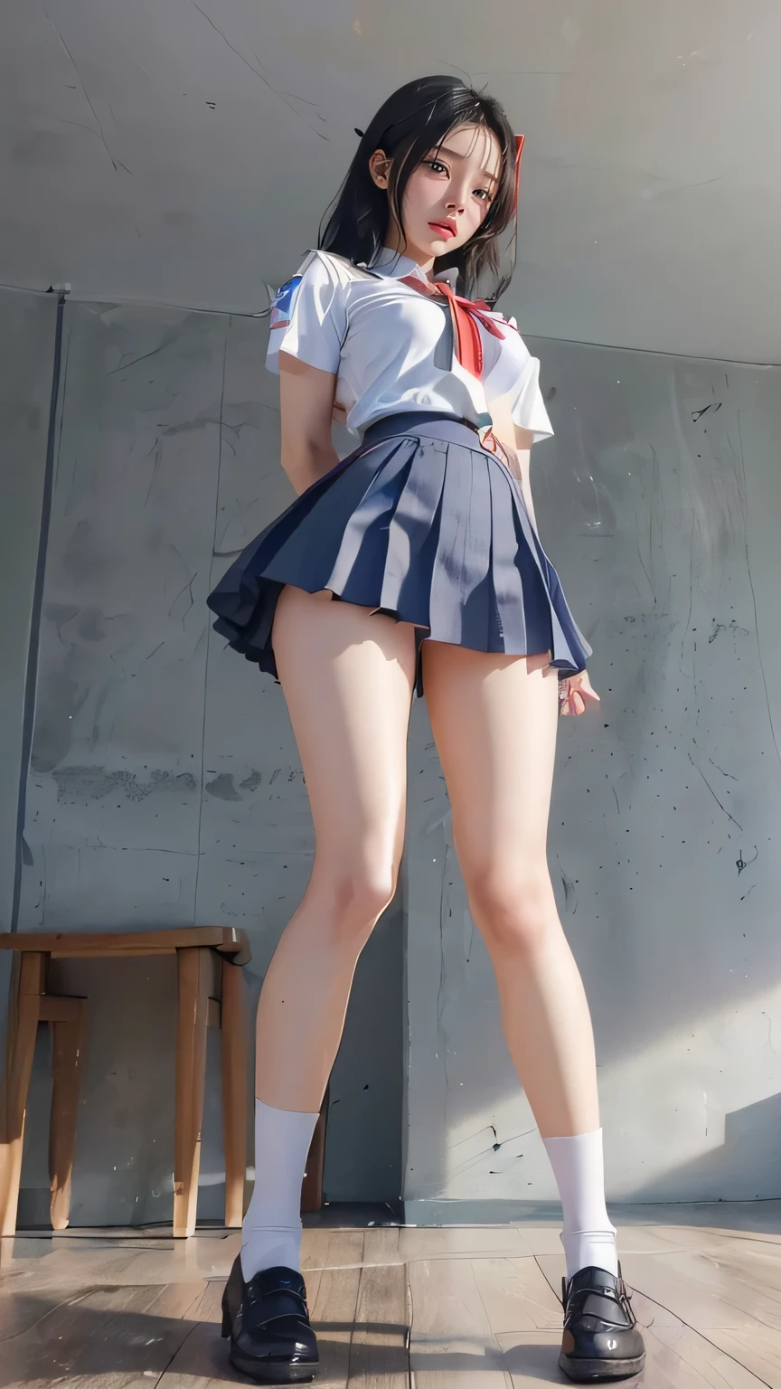 ((masterpiece)),(((最high quality))),(((((Full body shot of a girl taken from the floor:1.7))))),((Photograph the whole body from knee height:1.6)),((((((Stand up straight with your legs together:1.9)))))),(((Thin thighs))),(((Long legs))),(((Girl standing in a school classroom:1.8))),(((There are rows of desks in the classroom:1.5))),(((Micro Mini Skirt Uniform:1.6))),((tall:1.8)),((Japanese high school students wearing summer uniforms:1.8)),((The student wears a red ribbon on his uniform.:1.6)),((Wearing a short-sleeved white school shirt)),((((Her erect nipples are clearly visible under her clothes.)))),(Blue checked micro mini skirt:1.2),(((Age is 15 years old:1.3))),bangs,A small smile,((cute girl)),Slender girl,((Black Loafers:1.2)),((short white socks up to the ankles,:1.2)),cute,The thigh area below the groin is slim and firm,cute,Black hair ponytail,Thin legs,Slim Model body type,Very small waist,Small hips,Long thighs,Thin thighs,Thin hands,Long hands,((((Photograph the whole body from below:1.5)))),(((((k-popのIVEのWONYOUNGにそっくりの***:1.9))))),((Keep your whole body facing straight ahead:1.8)),((tall:1.4)),(Stand with your legs straight and without bending your knees:1.7),((Stand up straight:1.7)),((turn your hips forward:1.7)),The ankles are super thin,beauty,Fine skin,Firm Skin,Realistically reproduced skin detail of thin legs,Very detailed, Attention to detail,high quality,Awards,High resolution,(Anatomically correct:1.3),(8k,RAW Photos,最high quality,masterpiece:1.5),(((***をPhotograph the whole body from below:1.5))),Height 173cm,((Stand up straight with your feet together:1.7)),((Stand up straight with your feet together:1.7)),(((Keep your back straight:1.8))),((look forward to:1.2)),8 head beauty,Model body type,((Inseam is half the height:1.3)),(Thin thighs),((k-popのIVEのWONYOUNGにそっくりの***:1.5)),RAW Photos,Firm Skin,Fine skin,Well-toned muscular legs,Attention to detail,vivid,Skin Texture,Genuine skin feel,Perfect composition,beautiful,Very detailed,High chroma,Genuine,eyeliner,eye shadow,High nose,Small nostrils,Small Mouth,Seductive lips