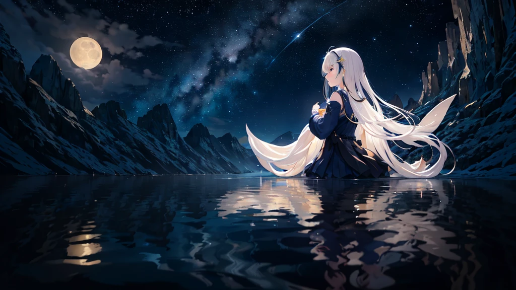 masterpiece, 最High quality,, Starry Sky,,Night Sky高解像度, accurate, masterpiece, High quality, quality, High-resolution model, Night Sky、night、Navy Blue、Blue、Night Sky、constellation、
"A peaceful and peaceful night, Bathed in silvery radiance. A harmonious scene of the moon delicately reflected in calm water. Twinkling stars dot the dark sky, casting a magical ambiance. The surrounding nature is shrouded in a light, mysterious mist.. Bring your imagination to life with this night painting full of serenity and peace."