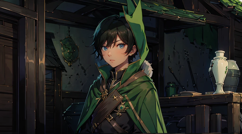 yuichiro hyakuya, (WithoutFear:1), 1 boy, black hair, green eyes, brown coat, gray armor, green shield, green cloak, dark brown gloves, town, white fur trim, tall, anime, standing, good quality, portrait, looking at viewer