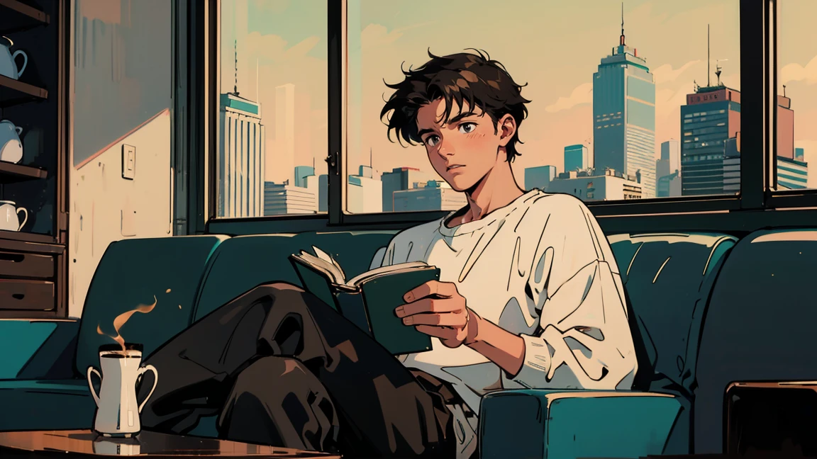 Highest quality, 8k, 1990s style,Hairstyles of the 2010s, 21 year old boy, Black Hair, Light brown eyes, City Pop, pants , Reading a book, whole body, Relax Coffee,table,making,look at me, Cafe