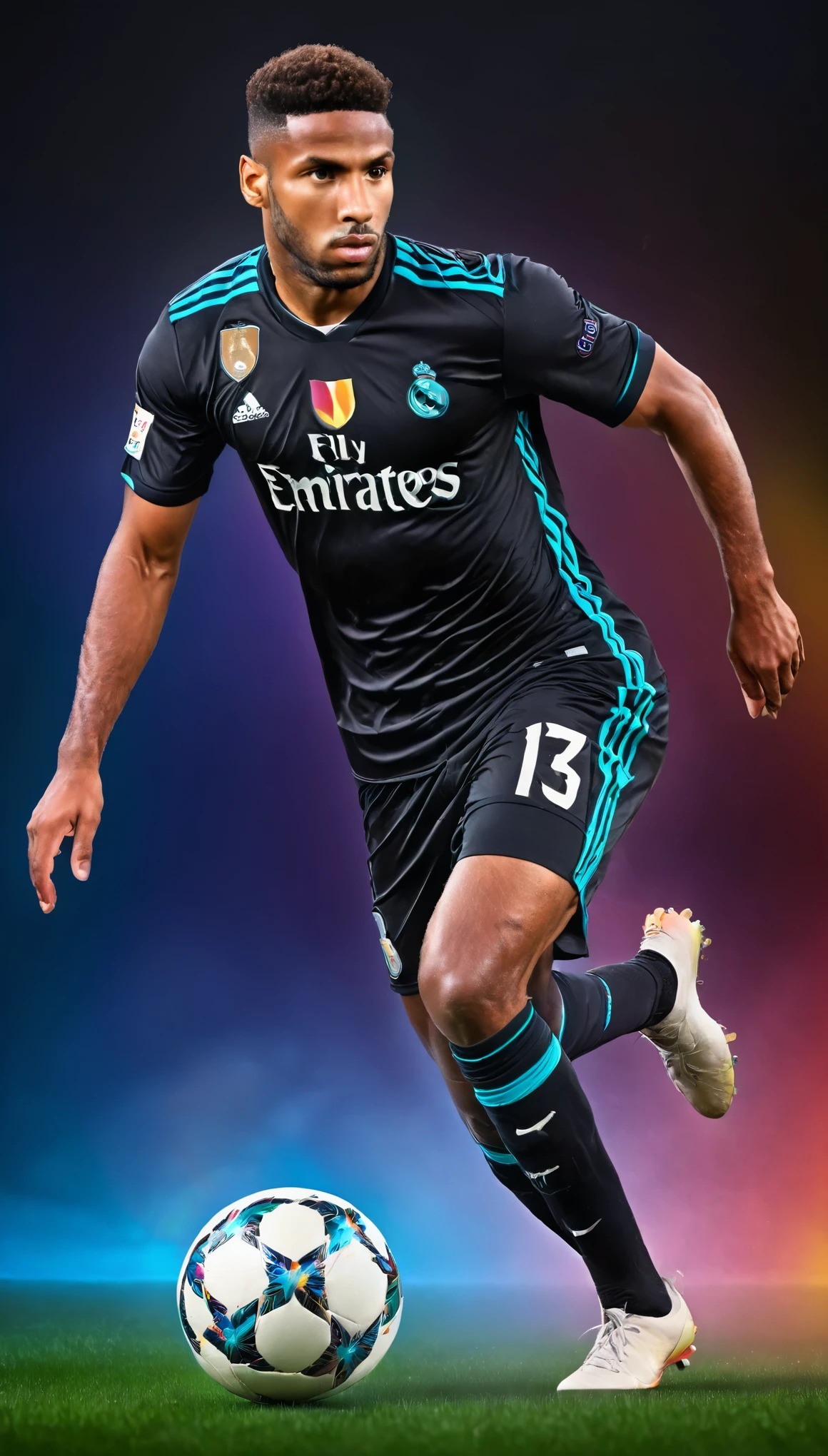 (masterpiece:1.2, Highest quality),(Super detailed),(High resolution),(Best illustrations),8k,wallpaper,BREAK(male:1.6),(Black athletes:1.6),(Soccer Player Trading Cards),(black real madrid uniform),(((Beautiful trading cards))),((Special trading cards)),(((front))),(((whole body:1.5))),(Serious),(Detailed hands),(((dynamic))),(Rainbow colored three-dimensional background:1.6),(Drawing the card frame:1.3),(Detailed drawing of a soccer ball)