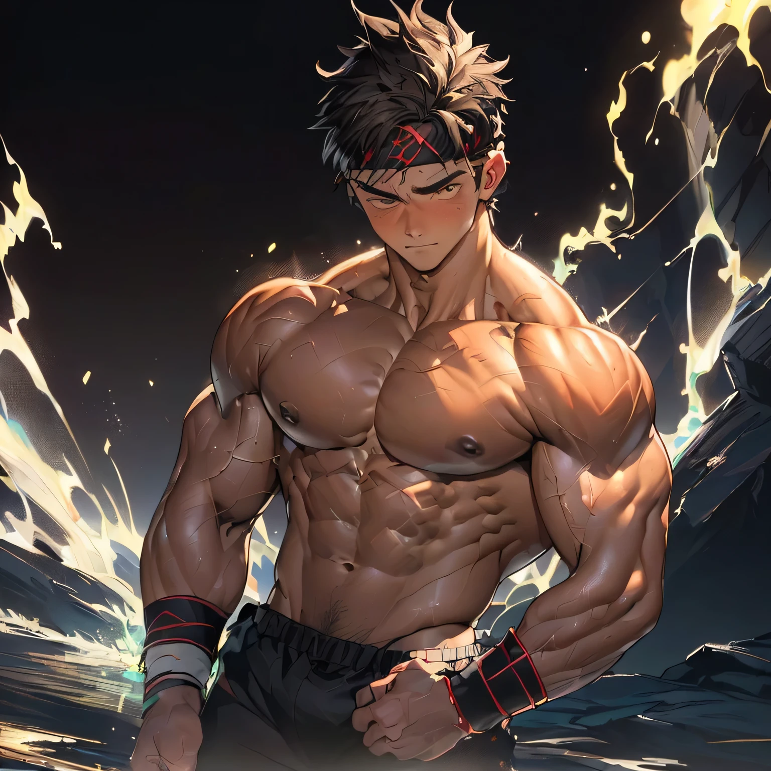 ((masterpiece, best quality)), (((((black background, deep night, male focus))))), ((((1boy, 19 year old boy, worm eyes, Young boy, muscler, Shirtless, topless, flesh, tough, reliable)))), (black Short straight hair, ((almost completely shaved hair)), under cut, brown eyes), (((red headband, black wristband))), Vivid colors, ((big :1.2, big shoulder:1.2, muscular body, sturdy body, defined round and fleshy pecs, defined round and fleshy ABS, defined round and fleshy armsmuscular:1.2, well-defined muscles, developed body, toned weist, shouldermuscler:1.2)), muscler!, muscler body, detailed face, detailed muscle, (((rippling muscles, Flowing energy, giving off an aura of holy power, Include intense special effects such as bursts of light, energy waves, and wind to emphasize the power of his energy. Highlight his energy, energy stream, random_pose:1.2)))