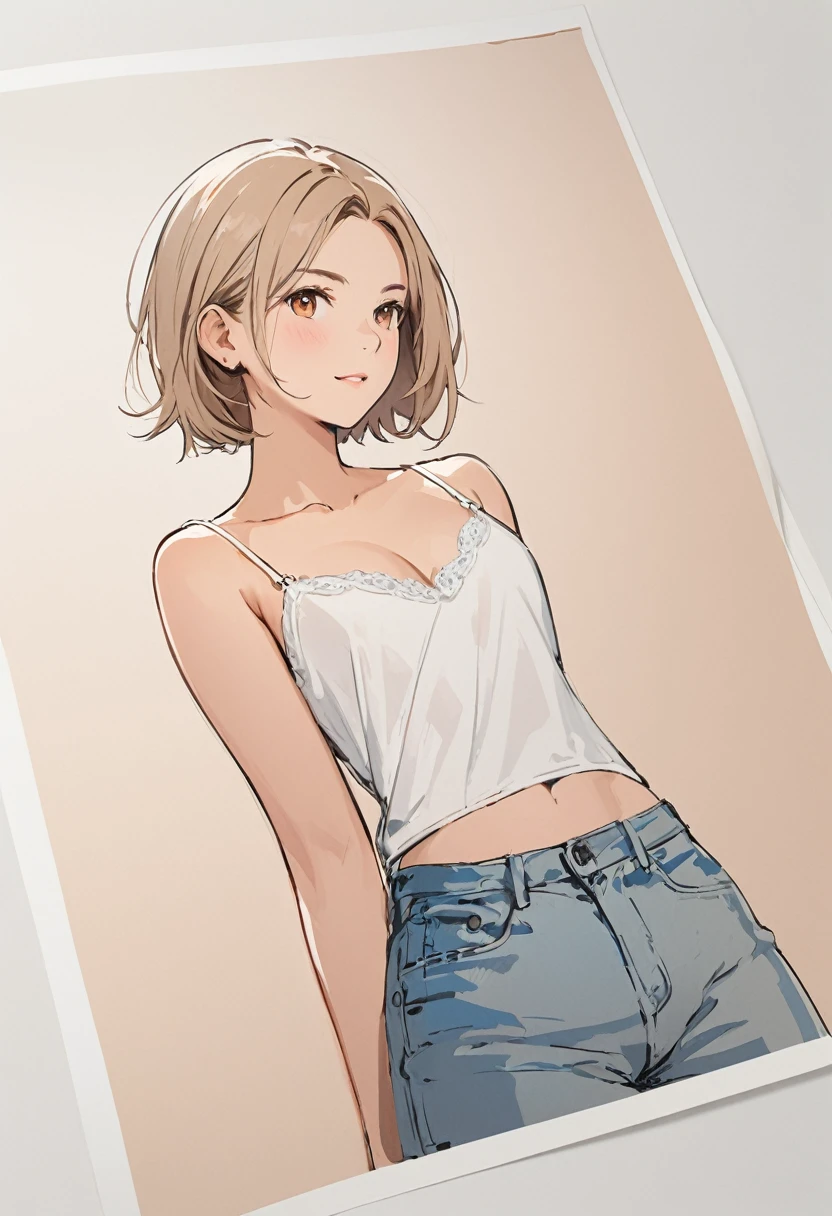 female,short camisole,white,Art,ad,draft drawing,illustration, simple_background,