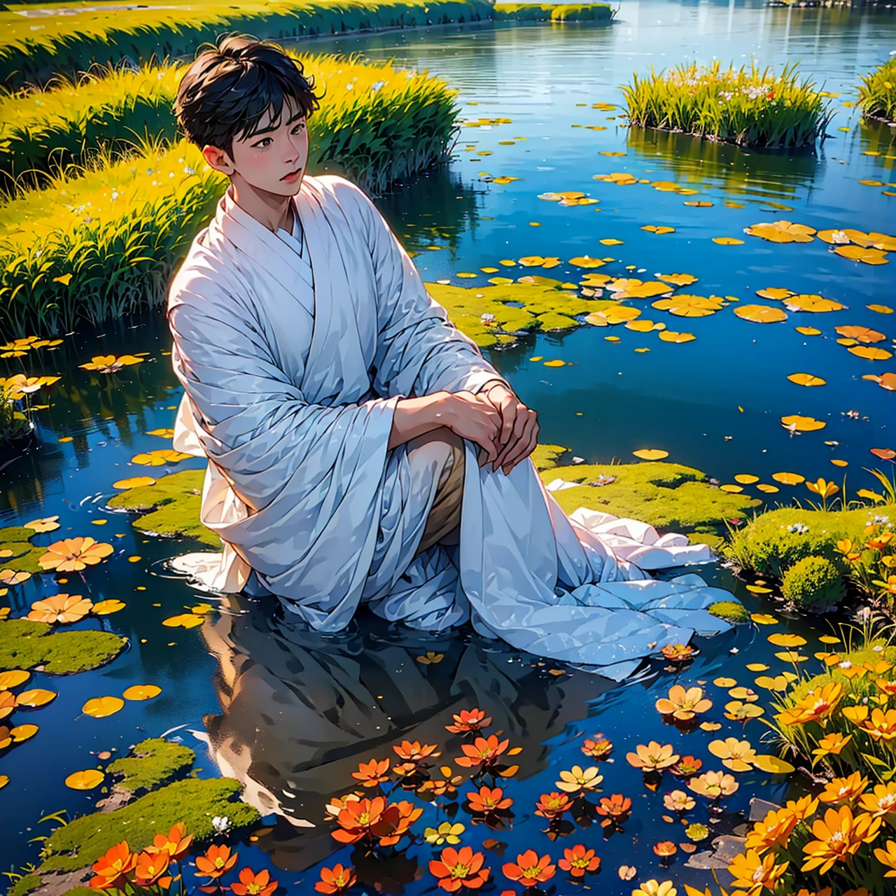 (in 8K、top-quality、​masterpiece:1.2)、1 boy、short-haired、Hair short、Brown-skinned、Blue View、