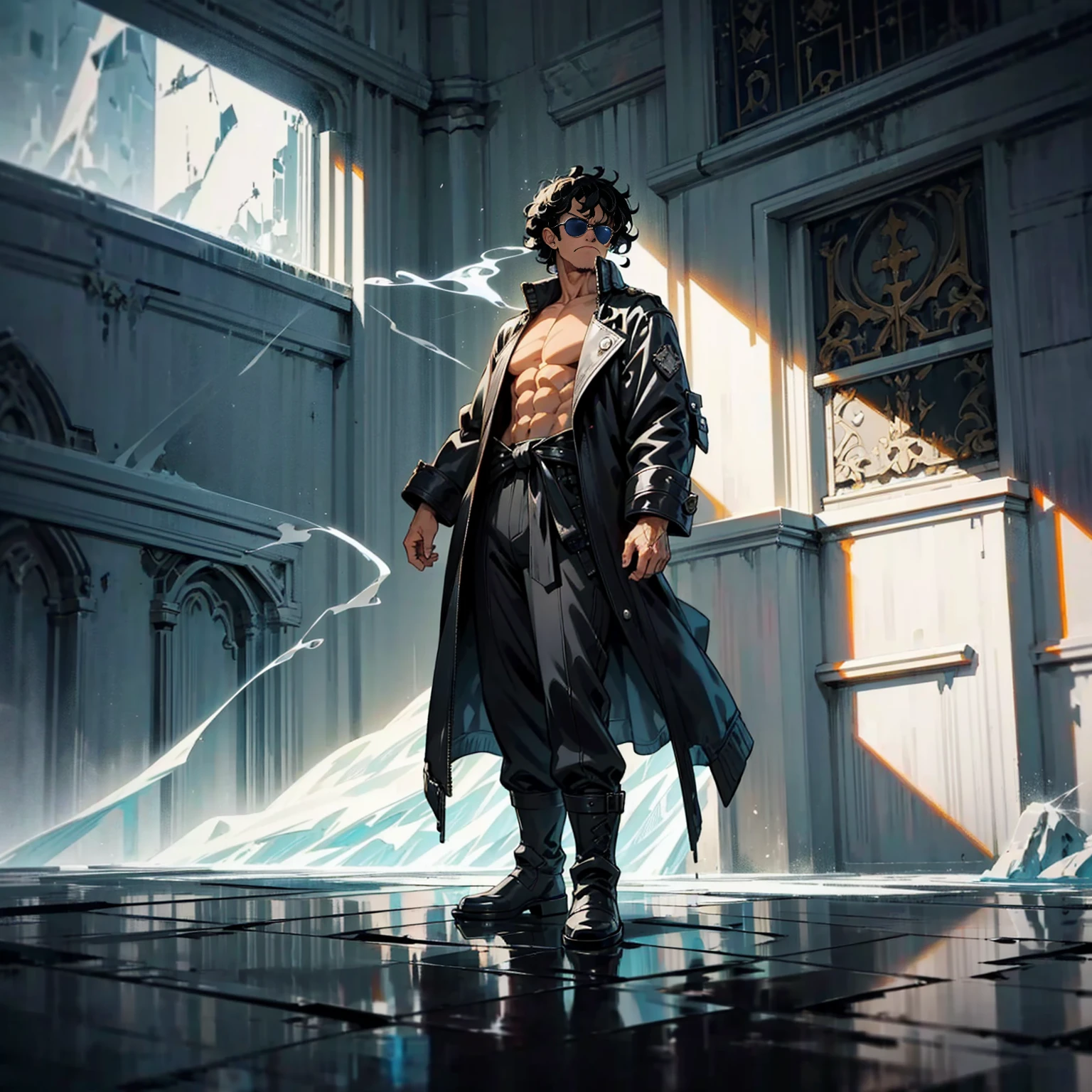 Solo character, full body version, old man, black eyes, black hair, Curly hairstyle, sunglasses, casual clothing, topless, white boots, detailed shadow, (one piece style art), indoor room cathedral, ice room, ice floor, Nitrogen smoke, glow ice effect, standing gesture, hand ice, glow effect, muscle, angry, angry mouth 