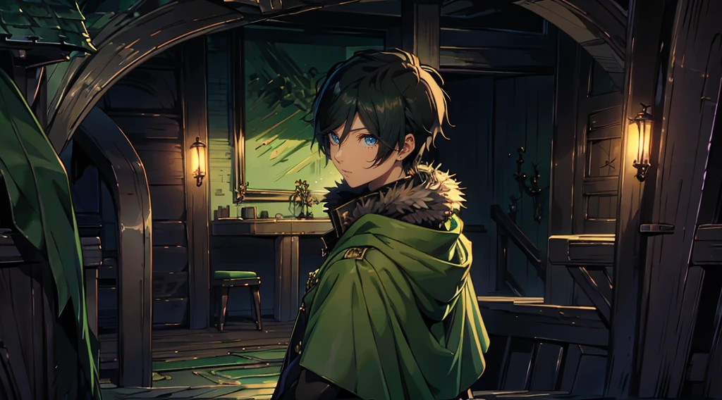 yuichiro hyakuya, (WithoutFear:1), 1 boy, black hair, green eyes, brown coat, gray armor, green shield, green cloak, dark brown gloves, town, white fur trim, tall, anime, standing, good quality, portrait, looking at viewer