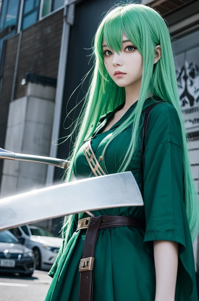 anime、Green Hair Woman、psychopath、Has a big scythe。