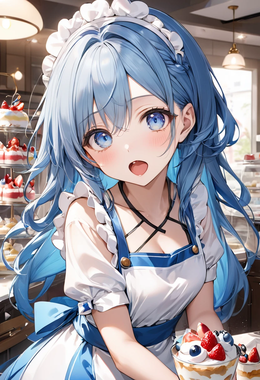 (The ultimate biggest parfait) (best quality detailed Delicious parfait), (solo:2, 15 yo) (beautiful forehead) (beauty blue hair long hair) (beauty lovely girl), (beautiful detailed Heart-shaped pupils blue eyes), (cute open mouth, small tits), in a cute Apron dress, break, in the best cute Patisserie, BREAK, perfect anatomy, masterpiece, best quality, 16k, beautiful detailed grow, daydreaming expression.
