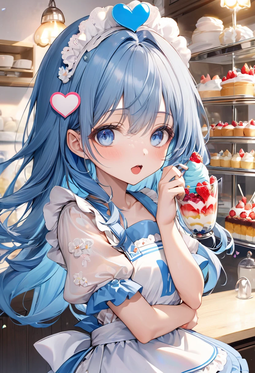 (The ultimate biggest parfait) (best quality detailed Delicious parfait), (solo:2, 15 yo) (beautiful forehead) (beauty blue hair long hair) (beauty lovely girl), (beautiful detailed Heart-shaped pupils blue eyes), (cute open mouth, small tits), in a cute Apron dress, break, in the best cute Patisserie, BREAK, perfect ???????, masterpiece, best quality, 16k, beautiful detailed grow, daydreaming expression.