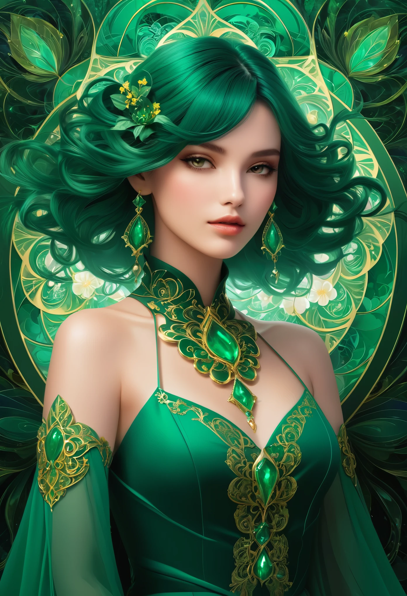 (masterpiece, Highest quality, Highest quality, Official Art, beautifully、aesthetic:1.2), (One girl:1.3), (Fractal Art:1.3), card, Tarot, Emerald Hair, Twin Blade, Hair Flower, (Good lighting:1.1), ((High resolution)), Tarot card style