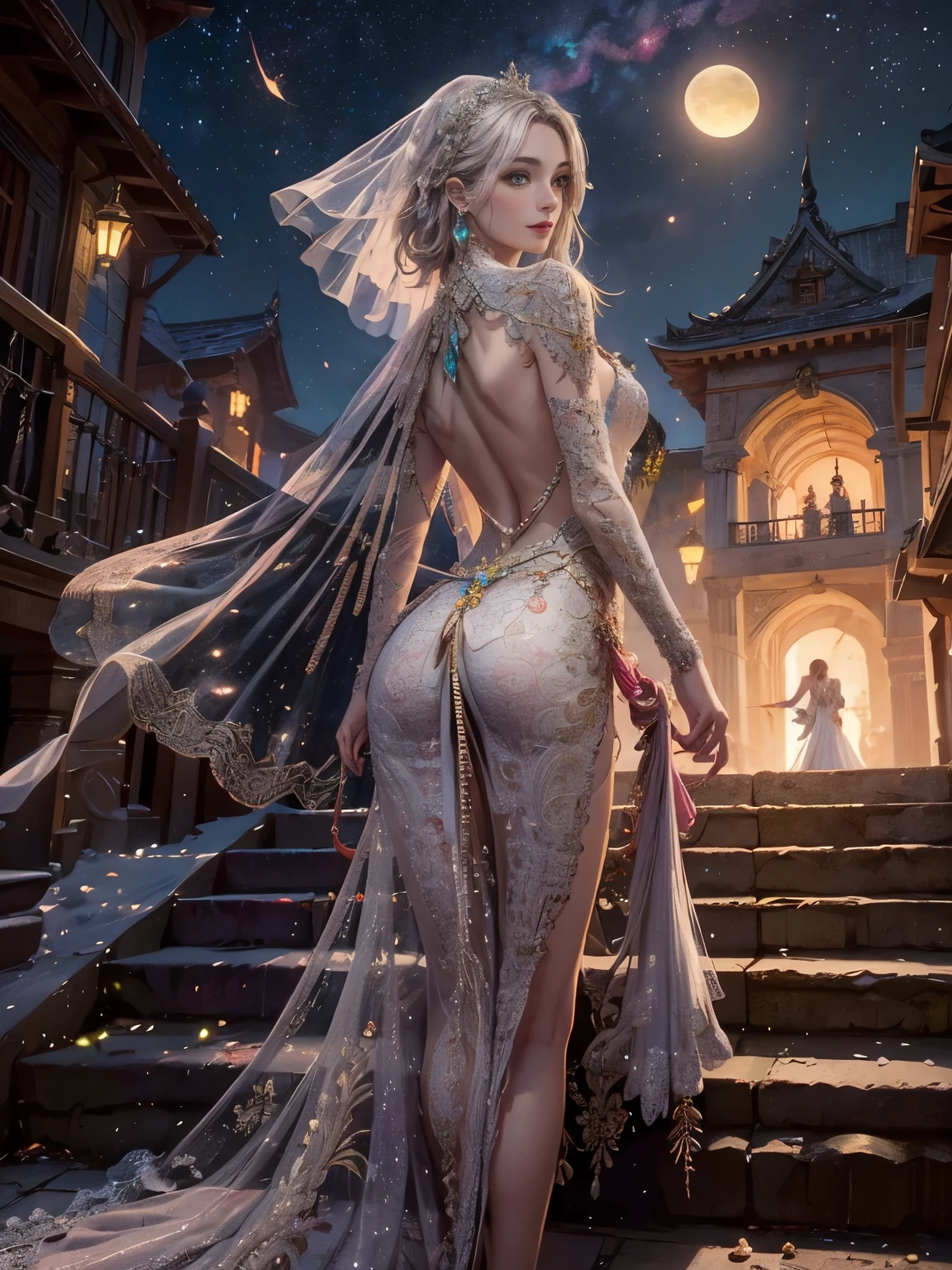 8k resolution, masterpiece, Highest quality, Award-winning works, unrealistic, , Final Fantasy, Royal Jewel,Photorealistic paintings by Midjourney and Greg Rutkowski, , elegant, Very detailed, Delicate depiction of hair, Miniature Painting, Digital Painting, Art Station, Concept Art, Smooth, Sharp focus, shape, nature, 千night一night物語, A strip of light pouring down from the sky, A pillar of light stretching into the sky, Complex colors, Buddhist Mandala, Colorful magic circle, flash, Large spiral staircase, Mysterious Background, aura, A gentle gaze, break, Small faint lights and flying fireflies, night, lanthanum, royal palace, Starry Sky, milky way, nebula, shooting star, Flowers, bird, Wind and Moon, Rear view, erotic, Only sexy women, healthy body, Anatomically accurate skeleton, 22 years old, bride, (Climbing the stairs, Rear view, Looking back towards the camera:1.6), Height: 170cm, Large, firm, swaying bust,, Silvery long wavy hair, Detailed facial depiction, break, Mysterious blue eyes, Standard nose, eyeliner, Pink Lips, Sexy long legs, Clear, glowing skin, bride, Sexy long silk wedding dress with gothic ruffles, Extra long cape, A dress with a complex structure, Pure white dress,, royal coat of arms, ,, dynamic sexy pose, A kind smile,