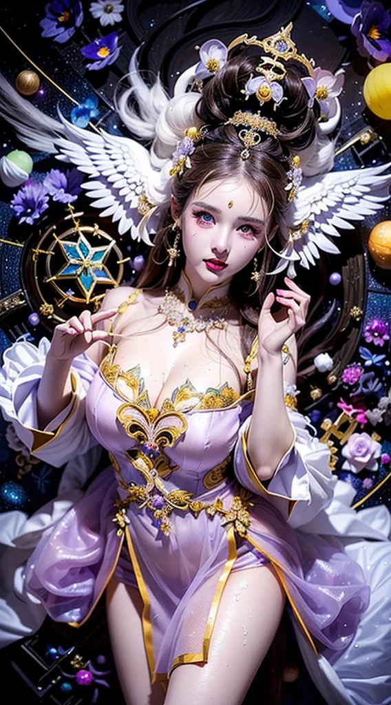 very cute, Blonde Hair, Big smile, red roses, One 20-year-old girl, 1. Goddess Athena, The beautiful, flawless face of the goddess Athena, delicate yellow nightgown, Lots of sexy black lace detailing、Long sheer sequined nightgown, A beautiful pale red silk half veil, Legends of female saints, Icons of female saints, Beautiful goddess-like glitter, Dark and mysterious version, Vermilion lips, Plump red lips, ((口をclose:0.9)), Complete teeth, Symmetrical incisors, Bright white teeth, ((Angry face:0.8)), delicate and beautiful pino detailing, delicate and beautiful lip detail, (Pure and perfect face: 1.9), Female Eucharist, Round Breasts, 大きくてRound Breasts, Phoenix Brooch, Long, flat bangs, Long black hair, Beautiful, clear face and well-proportioned eyes, (Light purple eyes with transparent irises: 1.8), (Big round eyes and makeup, Sexy wet eye makeup, So beautiful、Careful hair and makeup, long and delicate blonde hair, delicate, Body image: 1.8), shape: Brilliant and, (The stars that make up the sky々: 1.7), (The Gate of Heaven and Imaginary Time and Space: 1.8), Imaginary art, RAW Photos, hanfu pictures, Best Photos, High resolution, 最high quality, Best Photos, Best Goddess Quality, 8k female, Super 8 Single Saint Portrait, The most true color scheme, masterpiece, Best Beauty Brands, Best Hair Jewelry, Brand real photo, Dark studio, Border Light, Two-tone lighting, (Rosy white skin: 1.4), (High skin detail: 1.1), 8k uhd, SLR, Soft Light, 8k, high quality, Frank, Smooth and sharp volume, 10x more pixels, Sexy Goddess, Sexy Goddess, (Background Space: 1.8), (The most beautiful aurora eye: 1.7), Beautiful Eyes, The aurora is beautiful and flower-like, (Beautiful single women: 1.8), (see here:0.8), close, Approaching the Goddess, Clear and unrealistic