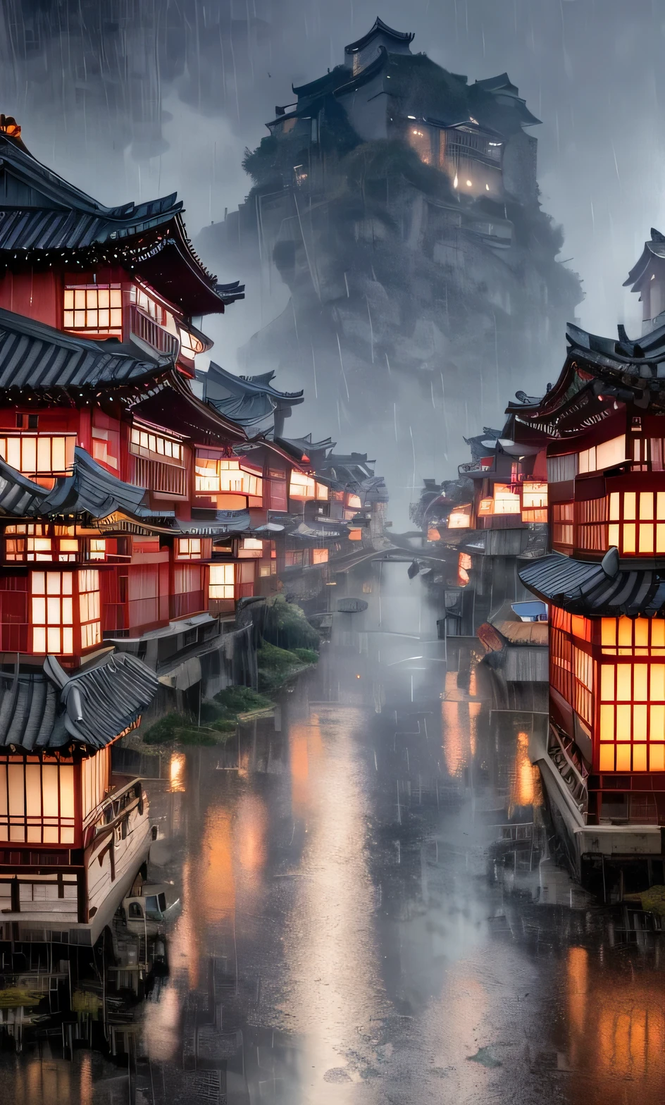 Arafed View of a village with many lights on the buildings, dreamy Chinese city, chinese village, great wallpaper, japanese city, japanese village, hyper realistic photo of a town, old asian village, japanese city, von Raymond Han, rainy evening, Cyberpunk Chinese Ancient Castle, beautifully illuminated buildings, at evening during rain, beautiful and aesthetic, fotografia, filmic, 8k, high-detailed ((Heavy rain)))