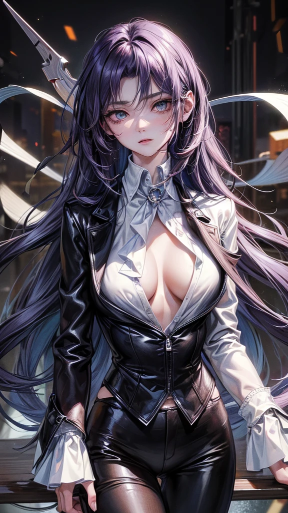 (Top resolution、Distinct_image)top-quality、A girl、​masterpiece、highly detailed, half body, Semi-realistic、blue eyes 、dark purple hair, 18year old,young 、Exquisite facial features、Facial features ,variation potrait , long  hairstyles,, teenage, cool , cold sharp eyes, survivor,war soldier, An expression of anger. ,tall, lifeless eyes, blood on face, emotionless, {Very detailed 8k CG unit wallpaper, slim body, large curves,normal breasts  ,cool handsome girl,  wearing suit , mafia , white shirt, black pants 