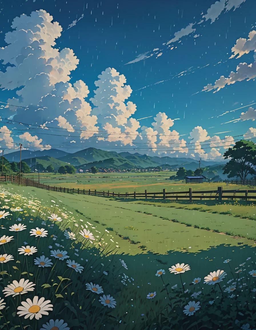 Masterpiece 8k Studio ghibli A serene landscape of a grass field with daisies, fence under a clear blue sky with clouds. shadow, rain lighting!!!!! solar 8khdr!!!!