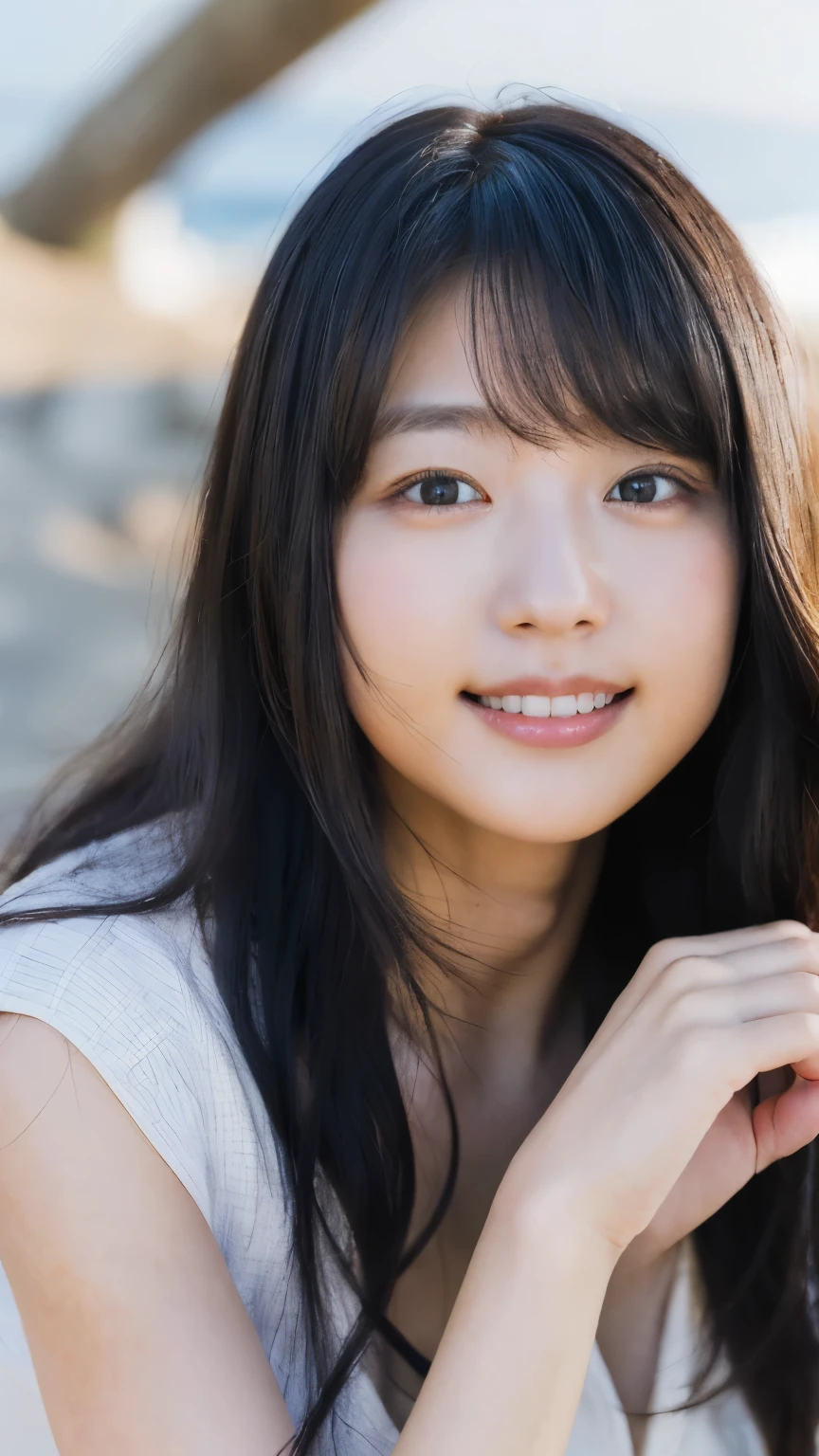 (RAW Photos, Highest quality), (Realistic, Photorealistic:1.3), masterpiece, Very delicate and beautiful, Soft Light, Beautiful detailed girl, (Detailed fingers), Highly detailed eyes and face, Beautifully detailed nose, Beautiful attention to detail, 1 girl, Japanese, Pure beauty, cute, young, smile, Beach