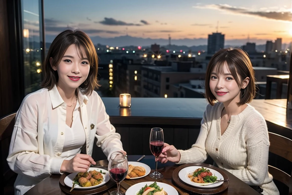 ((Highest quality、8k、masterpiece:1.3))、Slim Couple、Model Couple、(Realistic, Intricate details:1.2), full-course dinner、wine 、Amazing view of the sunset sky and clouds、A bright smile、The wonderfulness of smiles、Bright image、wineの美しさ, Beautiful Face, blue eyes, The light shines on your face, blush, short hair,Bright Face、 (Age 45), 48 years old, 赤wine 、Appetizers、Italian food、wine bottle、Champagne、スパークリングwine、Two beauties、Brown Hair、Shortcuts、Long sleeve dress