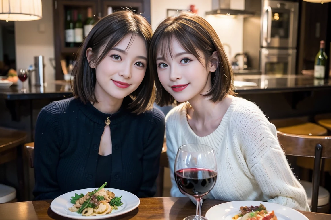 ((Highest quality、8k、masterpiece:1.3))、Slim Couple、Model Couple、(Realistic, Intricate details:1.2), full-course dinner、wine 、Amazing view of the sunset sky and clouds、A bright smile、The wonderfulness of smiles、Bright image、wineの美しさ, Beautiful Face, blue eyes, The light shines on your face, blush, short hair,Bright Face、 (Age 45), 48 years old, 赤wine 、Appetizers、Italian food、wine bottle、Champagne、スパークリングwine、Two beauties、Brown Hair、Shortcuts、Long sleeve dress