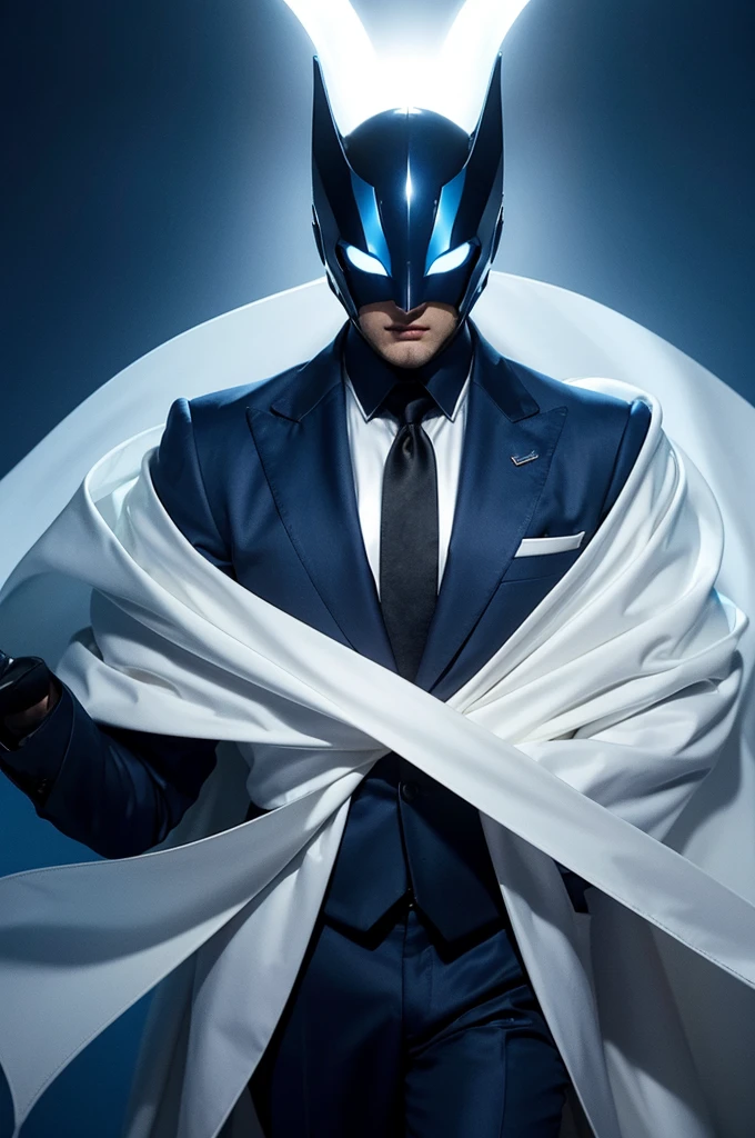 Virtuoso wears a sleek, deep blue suit with a white emblem on his chest featuring a balanced scale symbolizing justice and fairness. His cape is a gradient of silver and gold, representing wisdom and integrity. His mask is a simple, elegant design that covers his eyes and highlights his sharp, thoughtful gaze.
animated