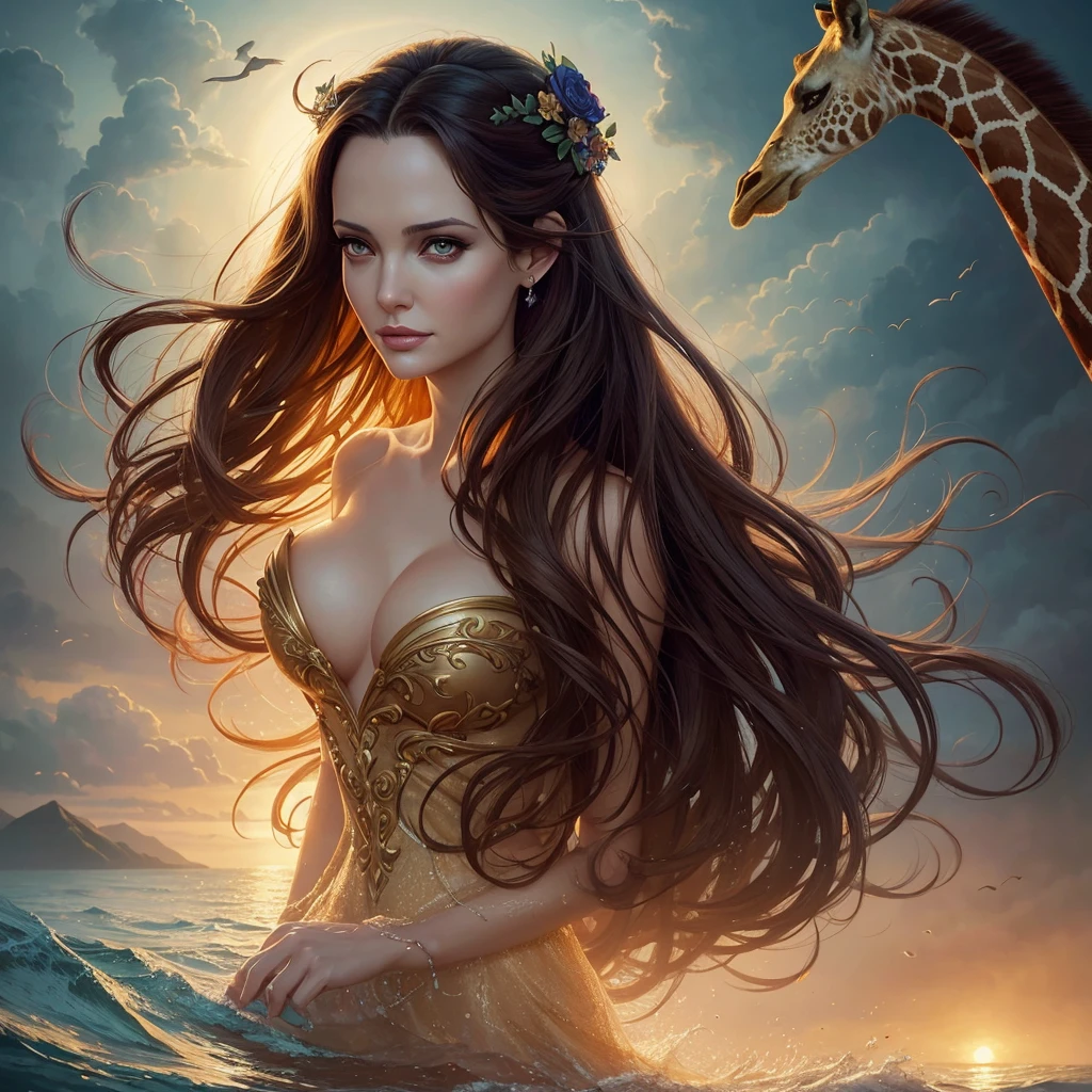 golden hour, front view oil painting of a woman with face of Winona Ryder morphed with Angelina Jolie laughing with gigantic hairdo floating on water, giraffe morphed with lion emerges from water in the background, tears of joy, storks, stunning digital illustration, beautiful fantasy art portrait, a beautiful artwork illustration, charlie bowater rich deep colors, artstyle tom bagshaw, beautiful digital illustration, beautiful fantasy portrait, portrait of a dark fantasy nymph, exquisite digital illustration, in style of anna dittmann