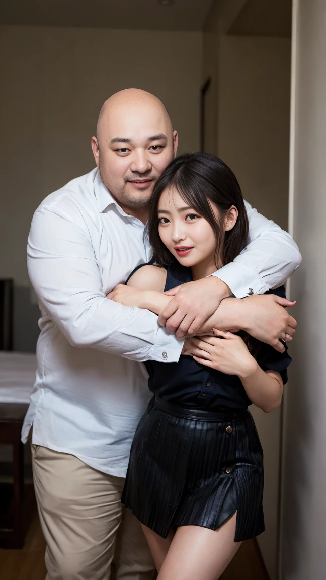 Highest quality、4k quality、A Japanese woman in a suit is being hugged from behind by a bald, overweight, middle-aged Japanese man、Small face、Confused expression、18-year-old、beautiful girl、Model body type、The woman is slim、Button-down shirt、Mini Pleated Skirt、Middle-aged man massaging woman&#39;s breasts、Shirt with bare shoulders、Open your mouth（1.6）