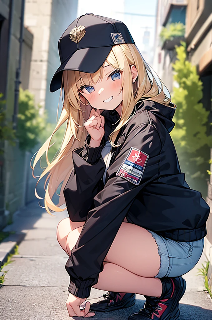 (Masterpiece, Top quality:1.5), 1 beautiful girl, squatting down, from side, Blonde, medium Hair, wavy Hair, asymmetry bangs, swept bangs, airy hair, large breasts:1.1, 16 year old, standard weight, (cool jacket, Shorts :1.3), cap, grin, blush, beautiful scene of narrow Alley, blurry background, magnificent panorama view, blurry background, 
