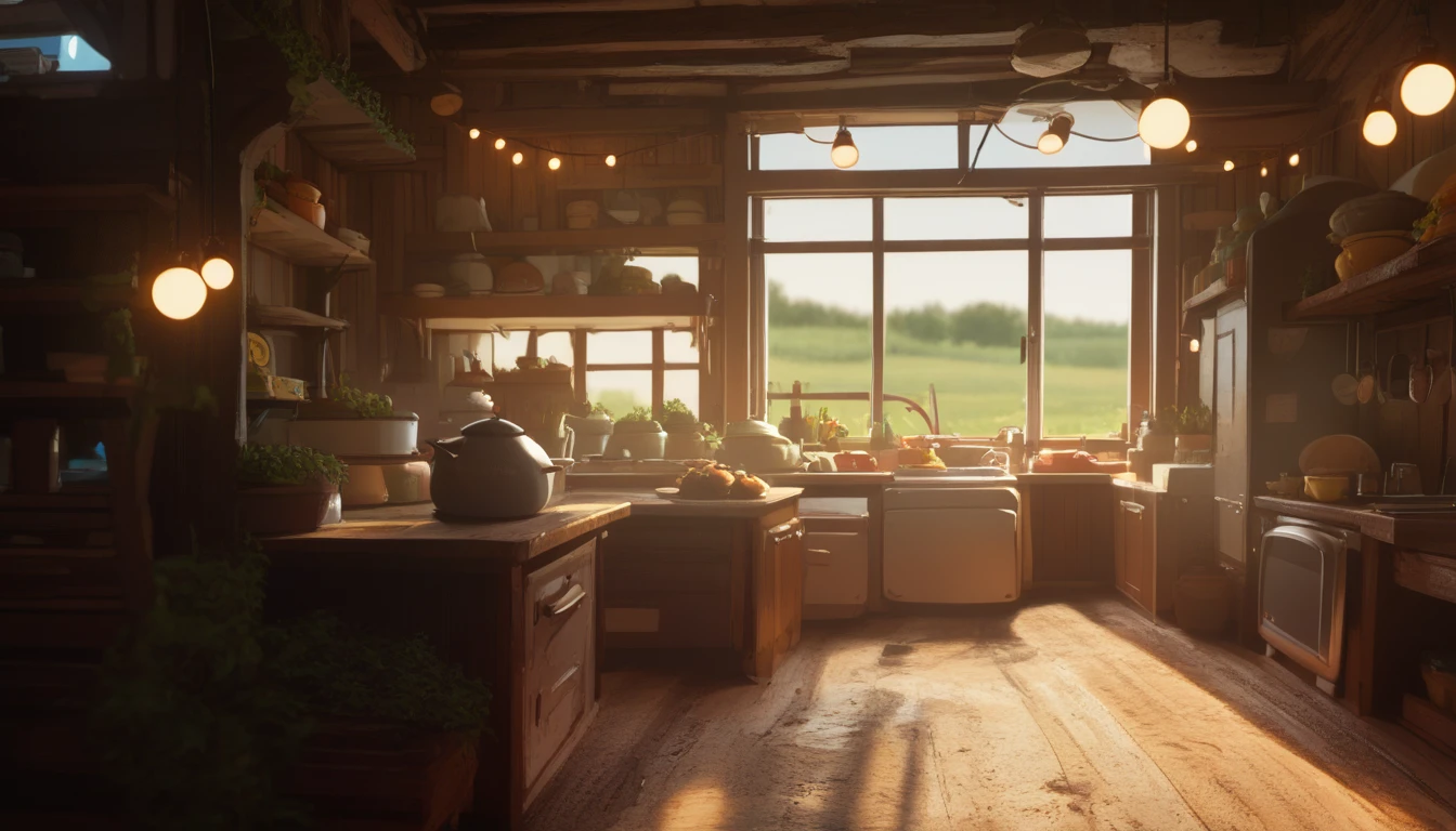 Farmhouse kitchen with lights illuminating the space, a kitchen counter with food on top, a refrigerator, stove, various details, a window reflecting the flowery field outside.