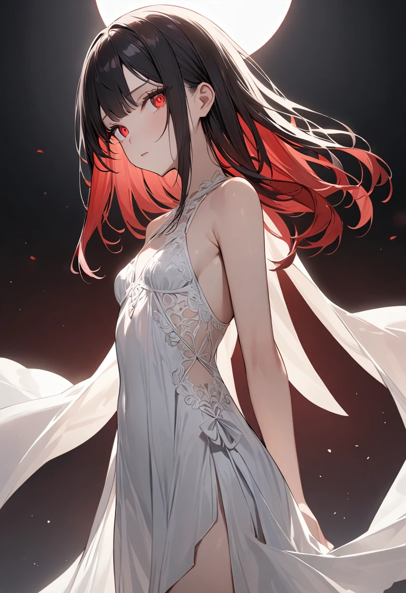 (masterpiece, top quality, very aesthetic, 4k、illustration), intricate detail, 1woman,、solo,contrapposto 、glowing eyes、,(cowboy shot)、light persona、(),beautiful face、from side、Emotionless、straight hair、red to black gradient hair、,middle hair,sidelock ,red　eyes、white Summer Dresses、small breasts、Slim 、