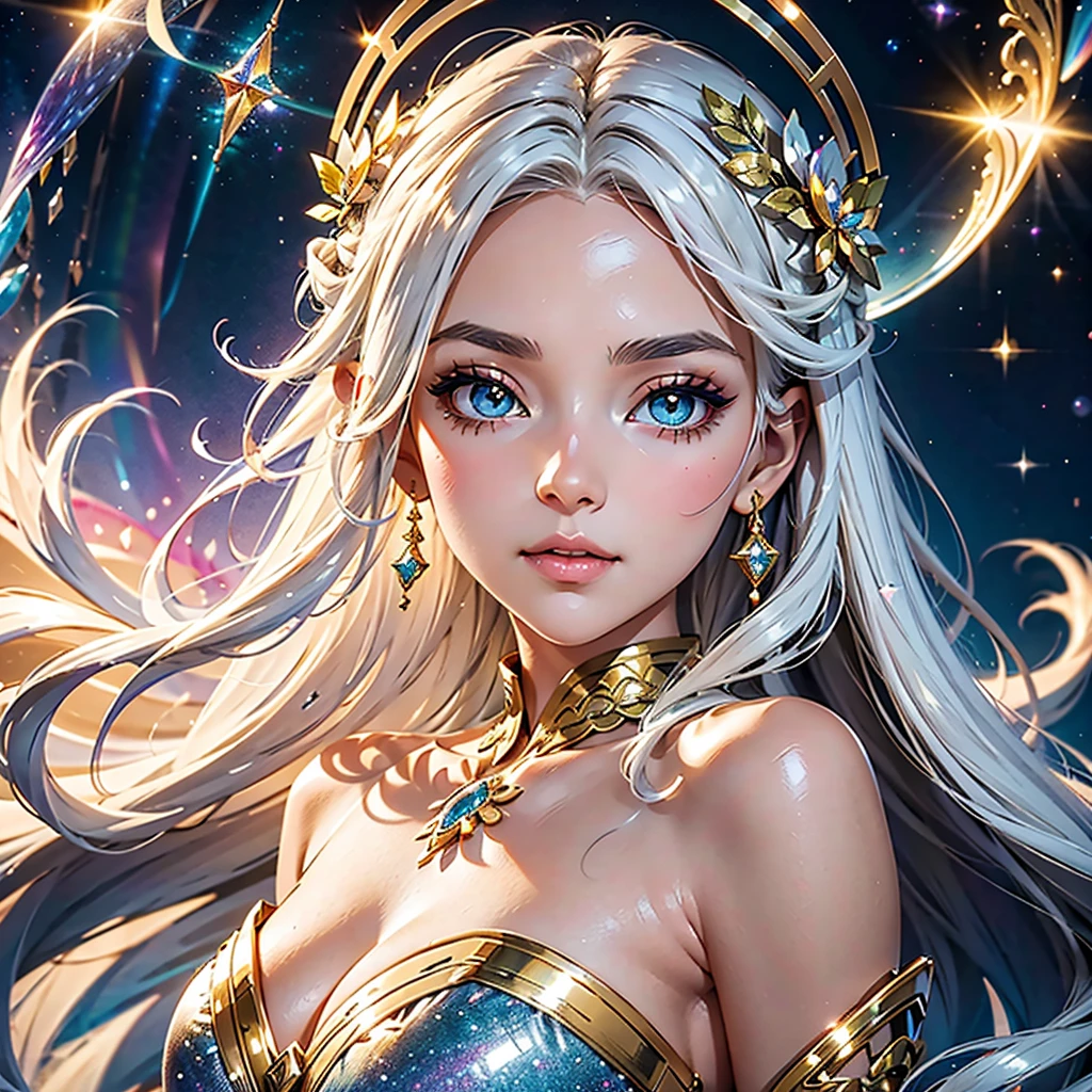 jewelry, delicate makeup, creating a soft light effect. In the style of anime and fantasy art, crystal, delicately drawn, gentle, peaceful, dreamy, soft, pastel tones, golden stars decorate her eyelids, light coloring, goddess, curl, White eyes, White eyebrows, White eyelashes, chaste, Fantasy, A girl with long white boho waves hair, in an elegant dress., rainbow, shining, forehead, chiffon, Greek style, corona, universe, curls, galaxy, Halo, Photosphere