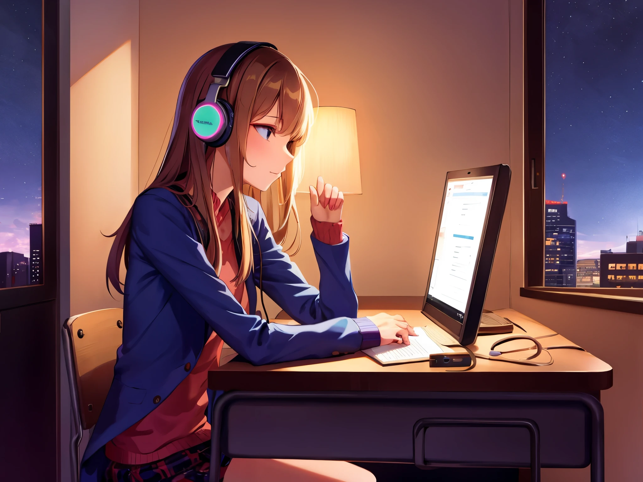 night、A girl studying at a desk in a dark room, Listening to jazz on headphones