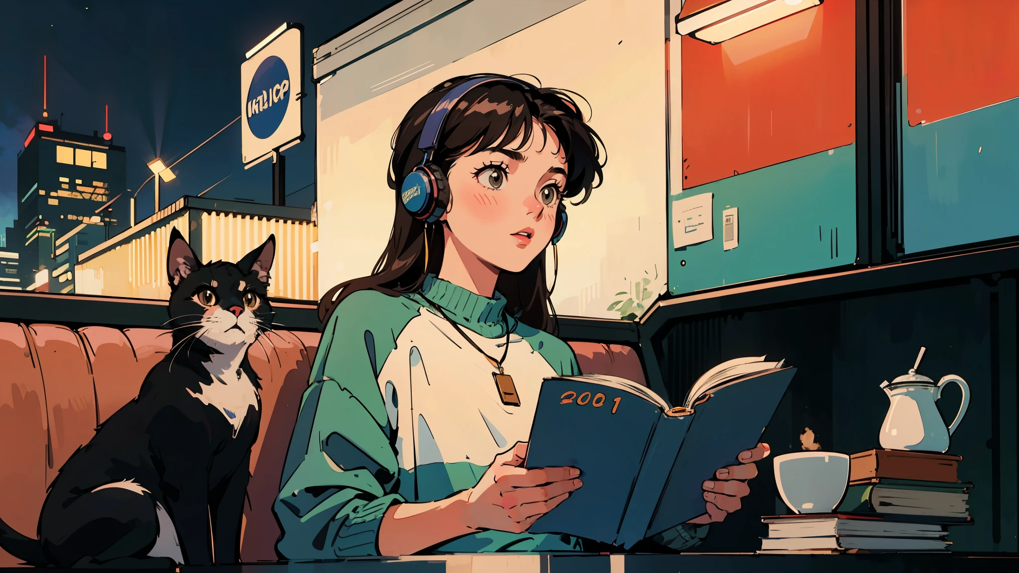 Highest quality, 8k, 1990s style,Hairstyles of the 2010s, 21 year old girl, Black Hair, Light brown eyes, City Pop, pants ,Night view, Wear headphones,Reading a book, whole body, Relax Coffee,table,making,look at me, Black cat