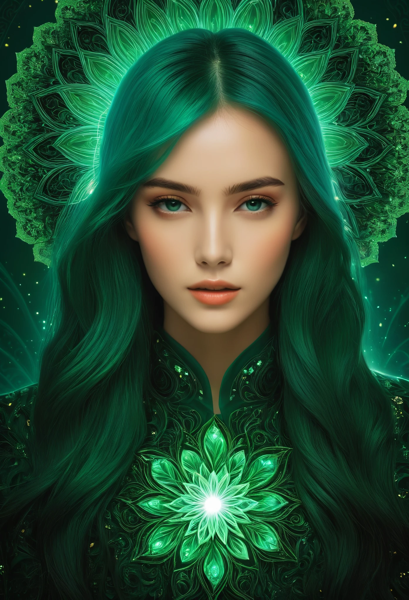 (masterpiece, Highest quality, Highest quality, Official Art, beautifully、aesthetic:1.2), (One girl:1.3), (Fractal Art:1.3), card, Tarot, Emerald Hair, Twin Blade, Hair Flower, (Good lighting:1.1), ((High resolution)), Tarot card style