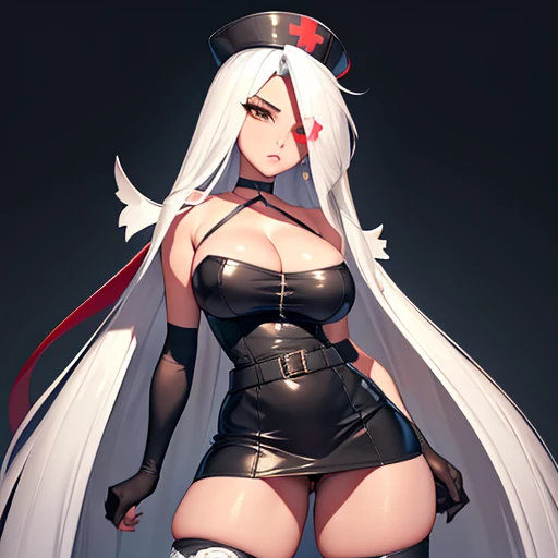 vaggie, (((an x in the eye))) ((gray skin))((corps entier 5.5, plan large 2.5)), ((sexy)), SFW((sexy)), SFW,(masterpiece, best quality:1.4), absurdres, highres, ultra detailed, beautiful (perfect face, detailed face, beautiful:1.3), (natural breasts, cleavage), collarbone, fingerless gloves, gloves,spaghetti strap top, black pencil skirt, tight, over the knee skirt, hat, elegant nurse outfit, thighhighs, thick thighs, thighs, multiple belts, More detailed 8K.motor irreal:1.4,UHD,La mejor calidad:1.4, fotorrealista:1.4, textura de la piel:1.4, obra maestra:1.8,obra-prima, mejor calidad,objeto Objeto], (detailed face features:1.3),(manos detailed)