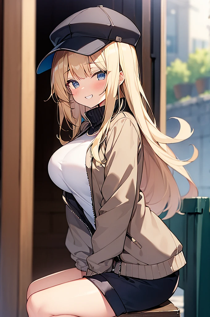 (Masterpiece, Top quality:1.5), 1 beautiful girl, squatting down, from side, Blonde, medium Hair, wavy Hair, asymmetry bangs, swept bangs, airy hair, large breasts:1.1, 16 year old, standard weight, (cool jacket, Shorts :1.3), cap, grin, blush, beautiful scene of narrow Alley, blurry background, magnificent panorama view, blurry background, 