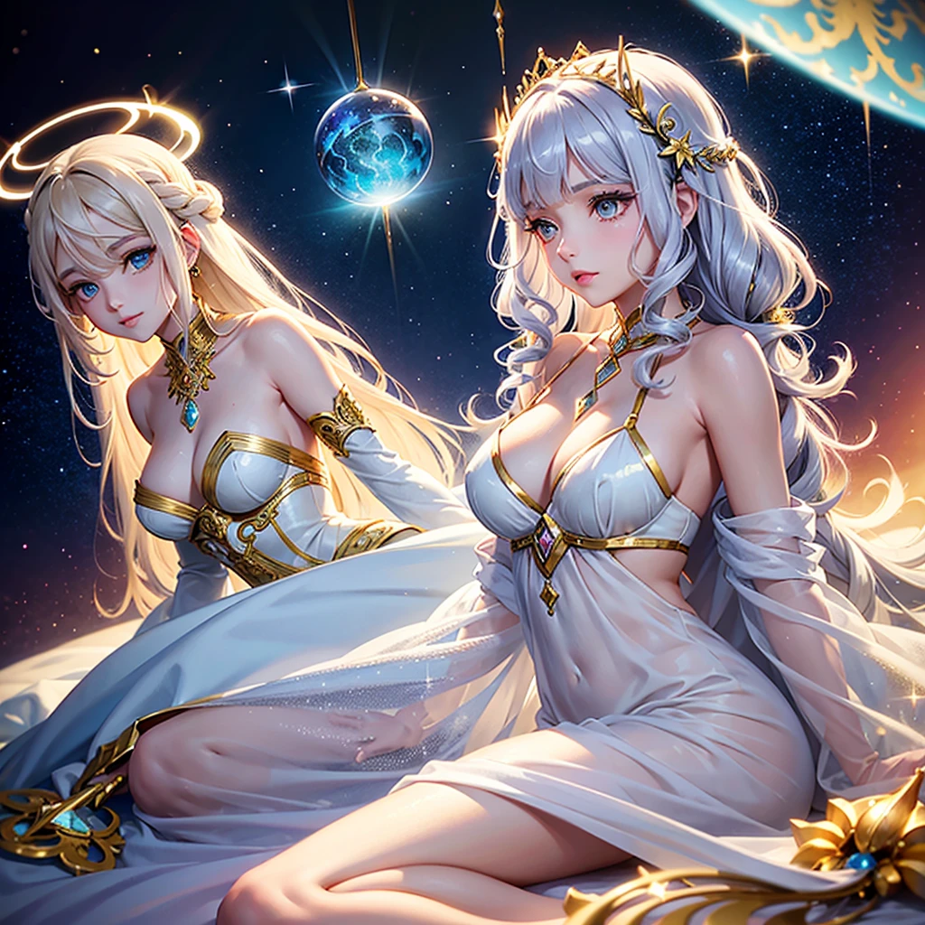 jewelry, delicate makeup, creating a soft light effect. In the style of anime and fantasy art, crystal, delicately drawn, gentle, peaceful, dreamy, soft, pastel tones, golden stars decorate her eyelids, light coloring, goddess, curl, White eyes, White eyebrows, White eyelashes, chaste, Fantasy, A girl with long white boho waves hair, in an elegant dress., rainbow, shining, forehead, chiffon, Greek style, corona, universe, curls, galaxy, Halo, Photosphere