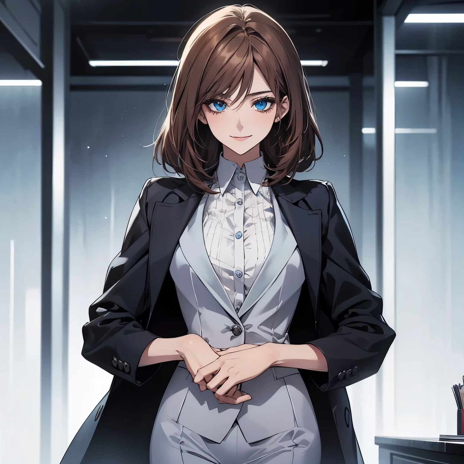 (Highest quality,High resolution,Very detailed),1 girl, Beautiful and elegant light blue eyes, Brown Hair, Cold Smile,Bob Hair, Wearing a suit, Mature Woman, Age 25,Cruel smile, Calm and Calm, Slim figure, Pale complexion, thin, Calm, secretary
