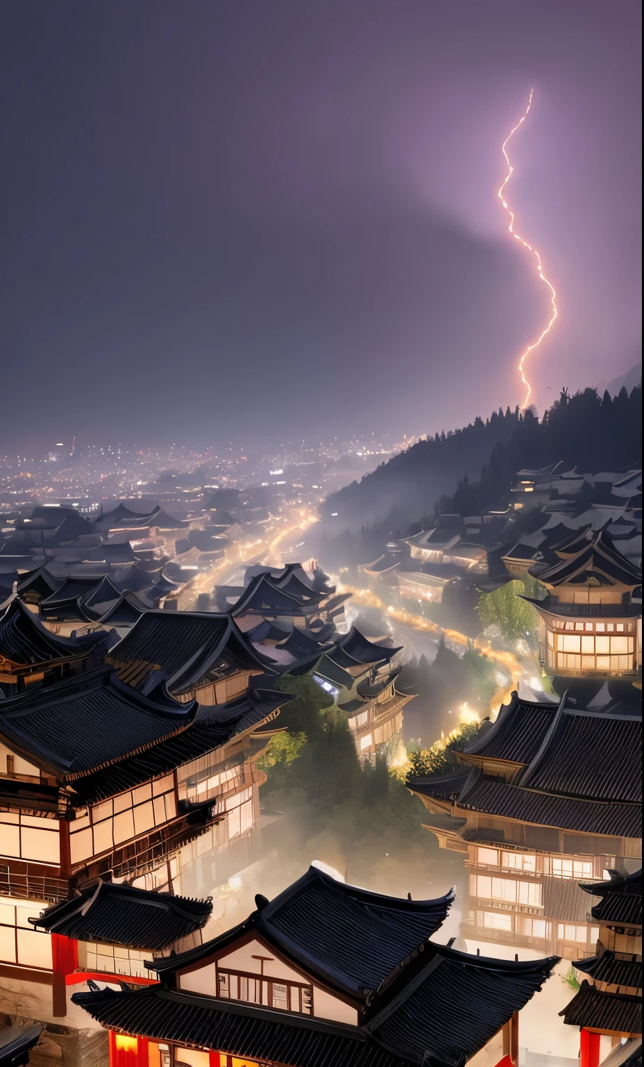 Arafed View of a village with many lights on the buildings, dreamy Chinese city, chinese village, great wallpaper, japanese city, japanese village, hyper realistic photo of a town, old asian village, japanese city, von Raymond Han, rainy evening, Cyberpunk Chinese Ancient Castle, beautifully illuminated buildings, at evening during rain, beautiful and aesthetic, fotografia, filmic, 8k, high-detailed ((Heavy rain))), magical atmosphere