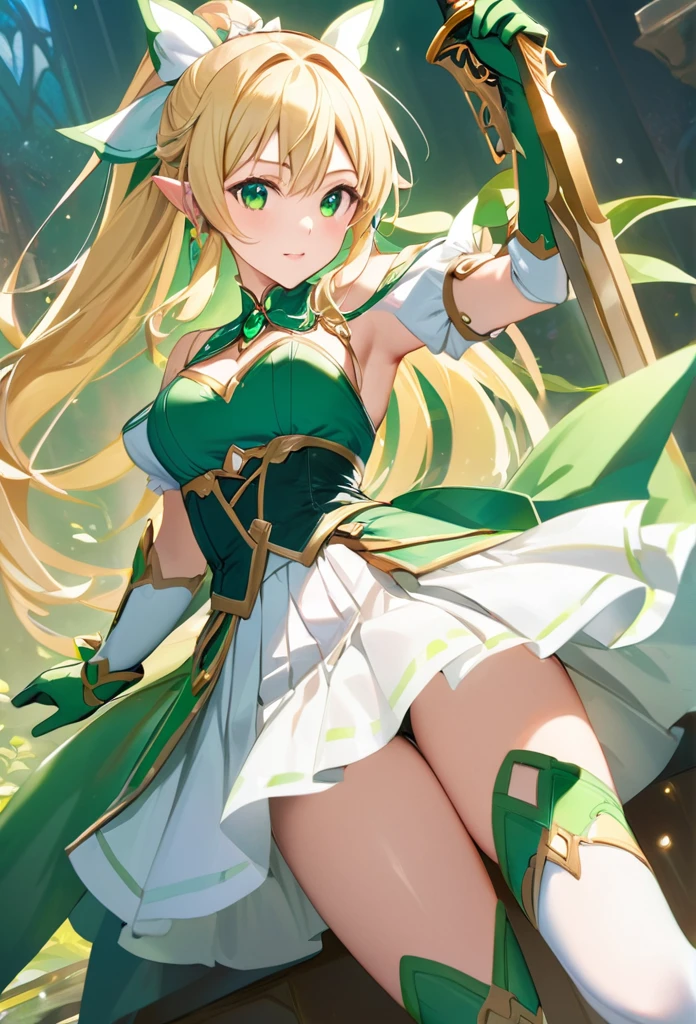 highest quality、unity 8k wallpaper、32k、masterpiece、Very detailed、Ultra-high resolution、Very detailedな顔、RAW Photos、Professional、Ultra-fine painting、Magical Fairy Swordsman Leafa、Blonde long hair、White Hair Ribbon、Green Eyes、Green magical girl costume、Blonde ponytail、White Hair Ribbon、Yellow ribbon with a large emerald brooch、White pleated skirt with green lines、Green and yellow long gloves、Green thigh-high stiletto heel boots with gold molding、