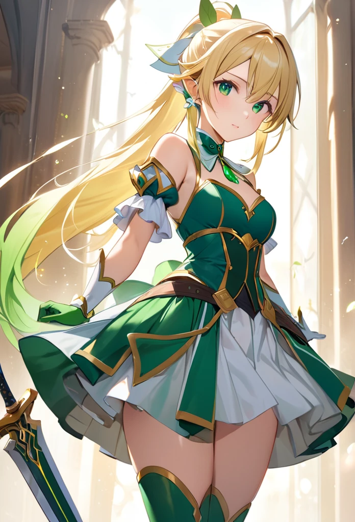 highest quality、unity 8k wallpaper、32k、masterpiece、Very detailed、Ultra-high resolution、Very detailedな顔、RAW Photos、Professional、Ultra-fine painting、Magical Fairy Swordsman Leafa、Blonde long hair、White Hair Ribbon、Green Eyes、Green magical girl costume、Blonde ponytail、White Hair Ribbon、Yellow ribbon with a large emerald brooch、White pleated skirt with green lines、Green and yellow long gloves、Green thigh-high stiletto heel boots with gold molding、