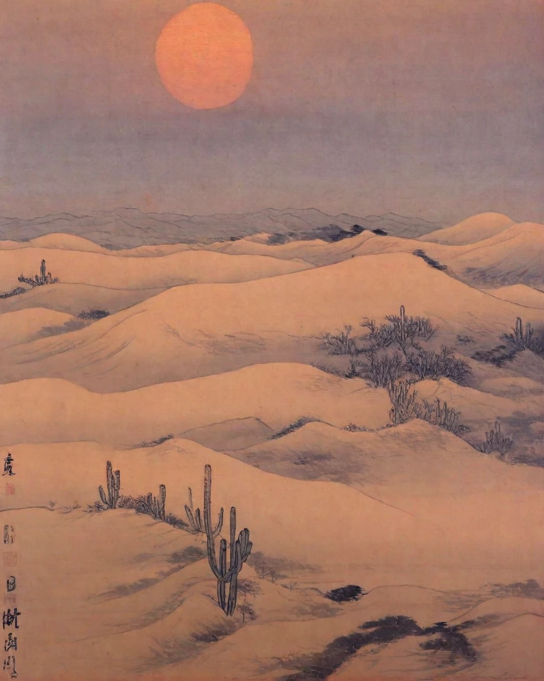 best quality, masterpiece, high resolution, kimhongdo painting, kimhongdo style, heoryeon style, whtjs, tnanr, Portray dramatic desert landscape at twilight when long shadows stretch across rippled sand dunes; include solitary cactus standing defiantly against backdrop where setting sun paints sky in fiery hues. palace far away