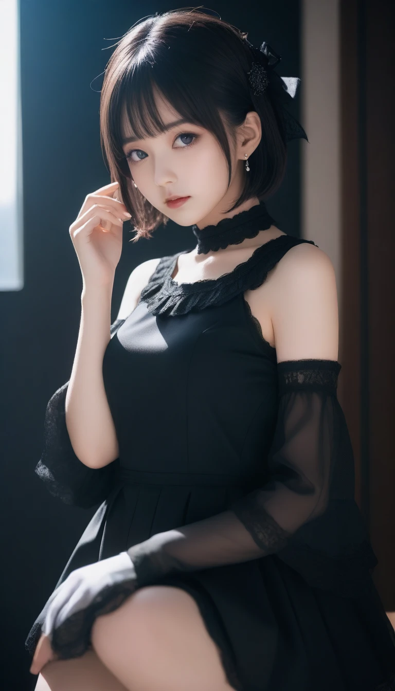 8k, Ultra-high resolution, Highest quality, masterpiece, 三分割法によるphotograph,Surreal, photograph, 1 Girl, (:1.3), pretty girl, Cute Face, Beautiful eyes in every detail, 細かくdetailedに,masterpiece,One Girl:1.2,Japanese female announcer,cowboy shot,Serious expression,Black short hair,Bob with bangs,Maid Android,((Fusion of Gothic Lolita and La fashion:1,bracelet, chest, choker, clavicle, Earrings,Futuristic cityscape ,Perfect and beautiful face ,完璧でCute Face, Skin with attention to detail, Perfect limbs、Narrow waist,Looking at the audience,(((Ideal body type))),Aカップの小さなchest :2,Portraiture:2,Perfect Anatomy,鮮明なdetailed,detailed,Surreal,Light and shadow,glowing