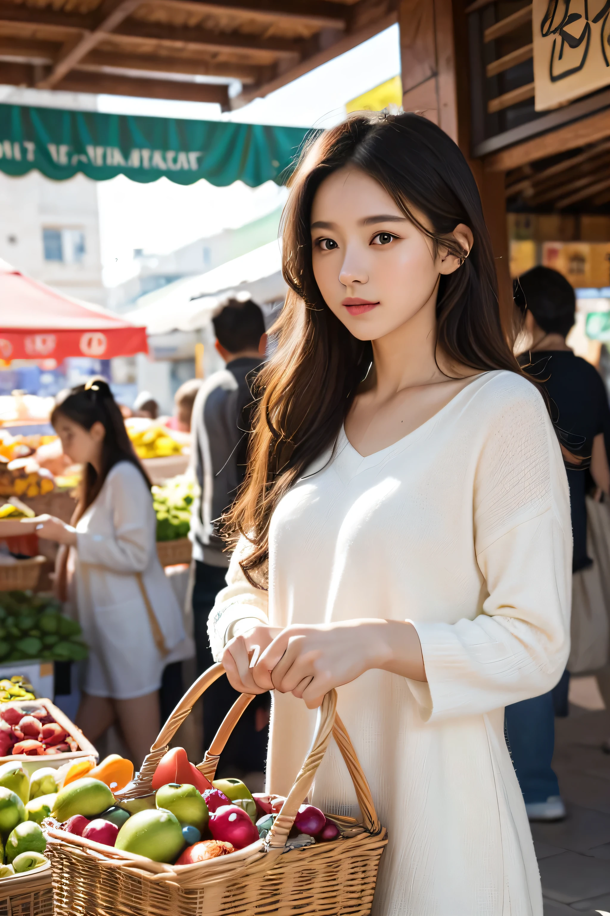 A brunette girl with long hair is shopping in a vibrant market. Her beautiful detailed eyes and lips are accentuated in the high-quality, ultra-detailed artwork. The medium used for this masterpiece is a combination of illustration and painting. The scene is filled with the hustle and bustle of people shopping for various items. The market is filled with colorful fruits, vegetables, and handmade crafts. The sunlight creates a warm and inviting atmosphere, casting natural shadows and highlighting the vibrant colors. The girl is wearing a stylish outfit and carrying a basket in her hand, carefully selecting the items she wants to purchase. There are other shoppers in the background, adding depth to the scene. The overall color palette is rich and vivid, with a combination of warm and cool tones. The lighting is natural, enhancing the realism of the artwork.